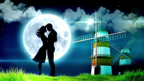 A Romantic Couple By The Windmill Under The Moonlight Vidéo 342697874