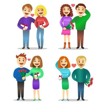 Romantic couples, love, relationship, enamored people with gifts Stock Illustration