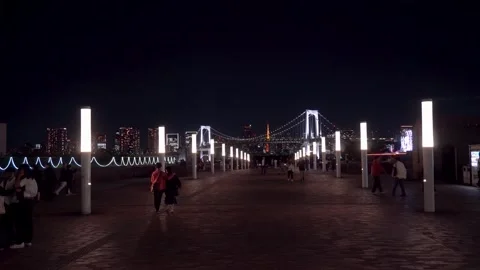Romantic Couples Walking at Night at Tokyo Bay, Japan Stock Footage 269155436