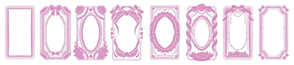 Romantic cute frame set, hand drawn coquettish girly pink border lace ribbon 스톡 일러스트