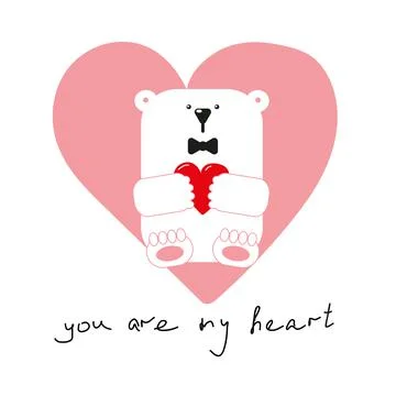 Romantic cute polar bear in a bow tie with a red heart in its paws. Stock Illustration