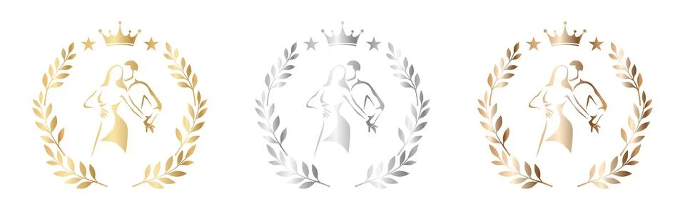Romantic Dancing Couple Award Emblems Gold Silver Bronze Wedding Celebration Set Ilustração Stock