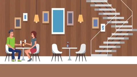 Romantic Date and Restaurant Dinner. Flat Cartoon. Stock Illustration