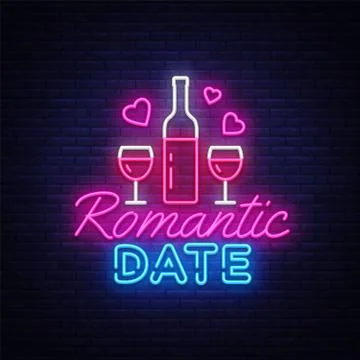 Romantic Date neon sign vector design template. Romantic dinner neon logo, light Ilustração Stock
