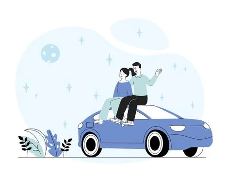 Romantic date at night. Man and woman sit on roof of car and look at stars Ilustração Stock