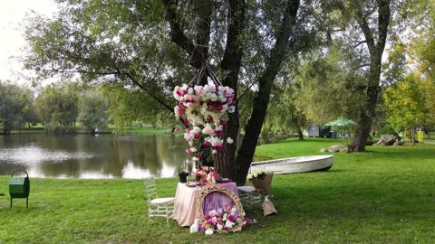 Romantic decor elements for marriage applications. Romantic outdoor dinner 動画素材 141598963