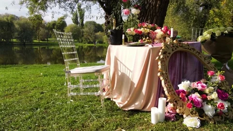 Romantic decor elements for marriage applications. Romantic outdoor dinner 動画素材 141599570