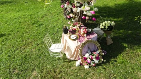 Romantic decor elements for marriage applications. Romantic outdoor dinner Video stock 141600824