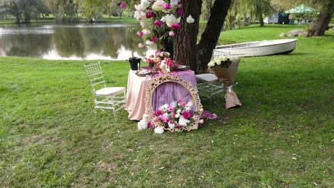 Romantic decor elements for marriage applications. Romantic outdoor dinner. Stock Footage 141601584