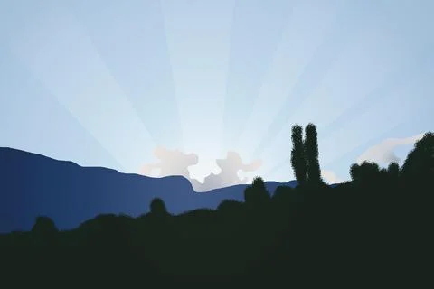 Romantic digital landscape with sun rays through the pink clouds Stock Illustration