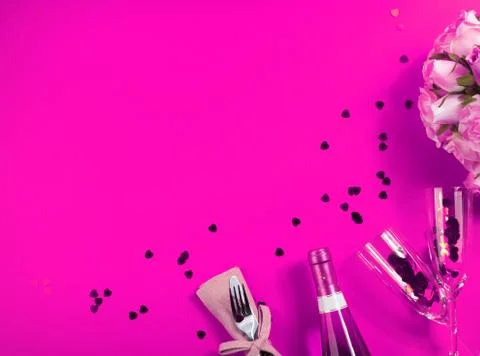 Romantic dinner concept flat lay on pink background Stock Photos
