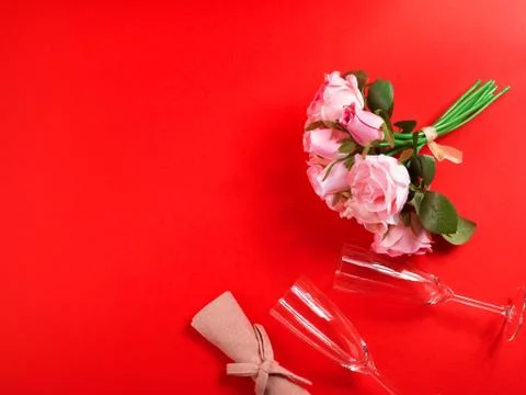 Romantic dinner concept flat lay on red background Stock Photos
