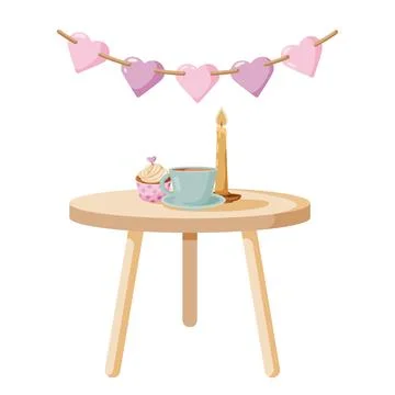 Romantic dinner with cupcake, cup of tea, candle and garland from hearts on.. Stock Illustration