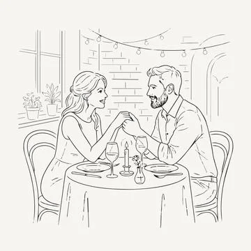 Romantic dinner date couple holding hands Silhouette Stock Illustration