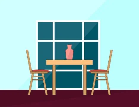 Romantic Dinner. Dining table and chairs for two people in Flat. Illustrazione stock