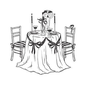 Romantic dinner hand drawn illustration, vector served table doodle Stock Illustration