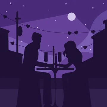 Romantic dinner with moon silhouette illustration. Characters in love sit Stock Illustration