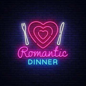 Romantic Dinner Neon Logo Vector. Romantic Dinner neon sign, design template Stock Illustration