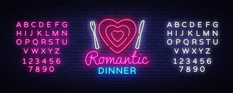 Romantic Dinner Neon Logo Vector. Romantic Dinner neon sign, design template Illustrazione stock