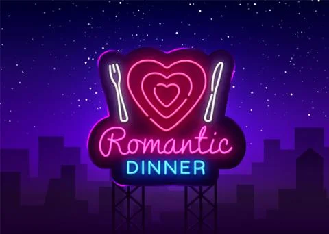 Romantic Dinner Neon Logo Vector. Romantic Dinner neon sign, design template Stock Illustration