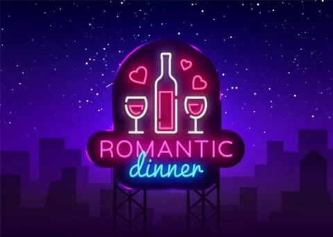 Romantic Dinner Neon Logo Vector. Wine neon sign, design template, modern trend Stock Illustration
