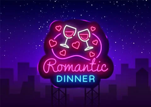 Romantic Dinner Neon Logo Vector. Wine neon sign, design template, modern trend Stock Illustration