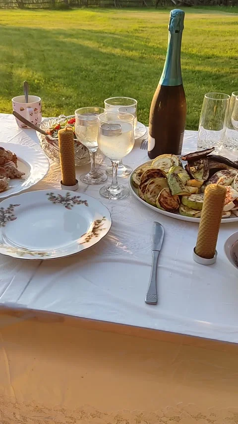 Romantic dinner outdoors on sunset. Stock Footage 269185345