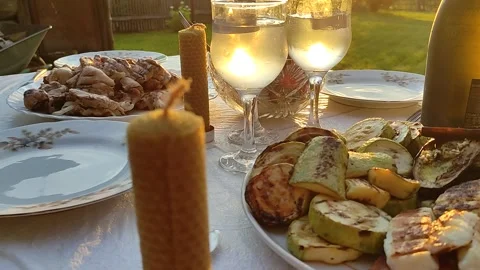 Romantic dinner outdoors on sunset. Stock Footage 269185524