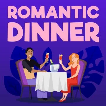 Romantic dinner poster template with happy couple sitting at restaurant, flat Ilustração Stock