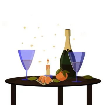 Romantic dinner. On the round table there is a candle, a bottle of champagne Stock Illustration