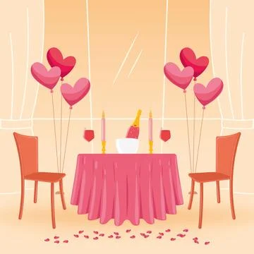 Romantic dinner setup with heart balloons Vector Stock Illustration
