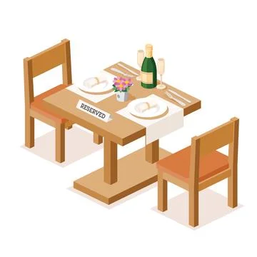 Romantic dinner setup for two. Reserved table with champagne, glasses, flow.. Illustrazione stock