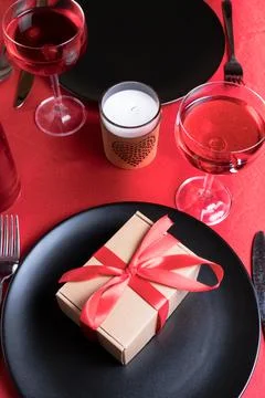 Romantic dinner table setting on Valentine's Day. Stock Photos