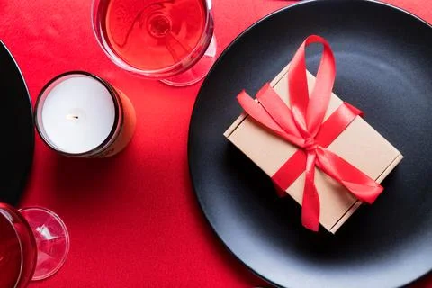 Romantic dinner table setting on Valentine's Day. Stock Photos