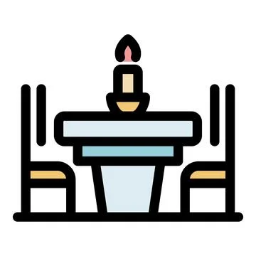 Romantic dinner table setup with burning candle and two chairs Illustrazione stock