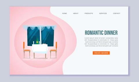 Romantic dinner vector website template. Dining table for date, glasses of wine Stock Illustration