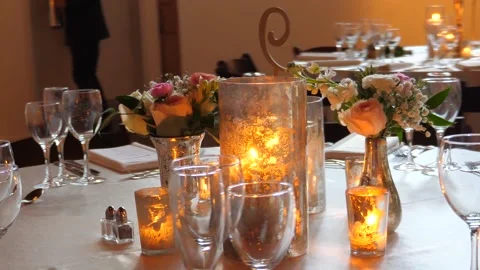 Romantic Dinning Wedding Table Settings Details, Candles, Flowers and Stock Footage 132744054