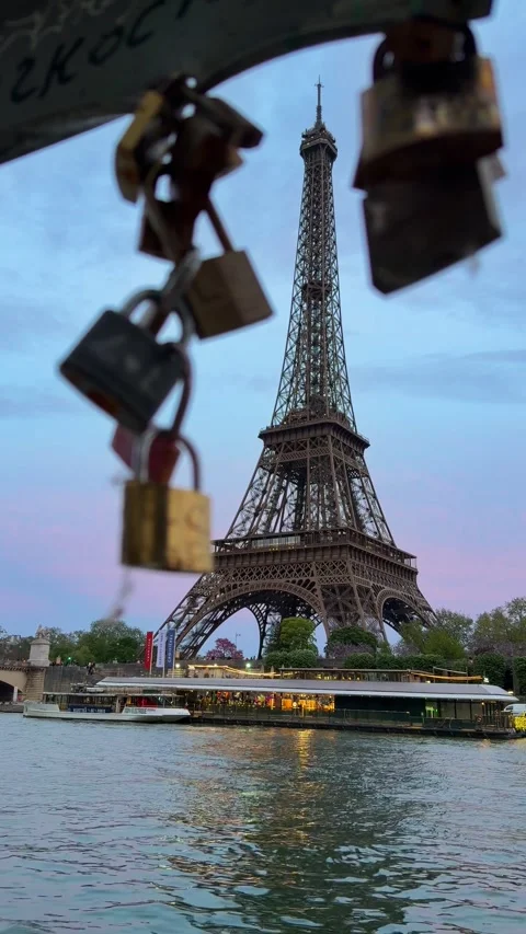 Romantic Eiffel Tower view with love locks in Paris, France Stock Footage 335370725