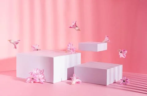 Romantic elegance three white square podiums with levitate spring  flowers in Stock Photos