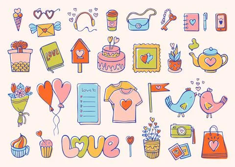 Romantic elements doodle set Stock Illustration