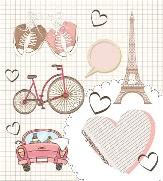 Romantic elements over paper notebook, vintage style. vector illustration Stock Illustration