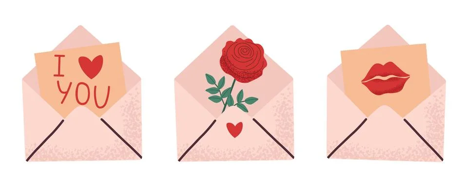 Romantic elements set. Envelopes with red heart, rose and kiss notification.. Stock Illustration