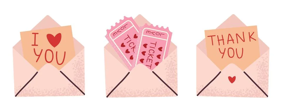Romantic elements set. Envelopes with red heart, tickets and thank you noti.. Illustrazione stock