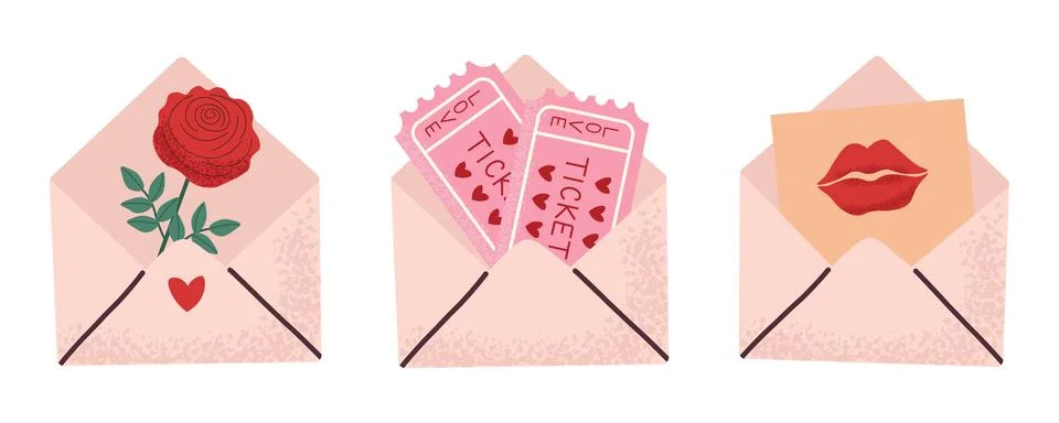 Romantic elements set. Envelopes with ticket, rose and kiss notification. M.. Stock-Illustration