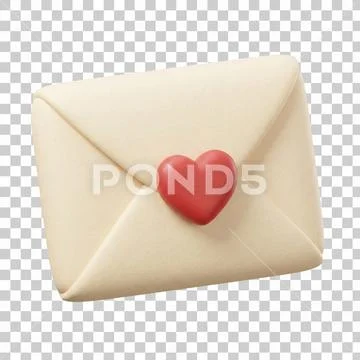 Romantic envelope with red heart seal isolated on transparent background. Template PSD