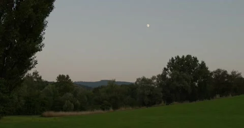 Romantic evening with the moon in the sky and grass, trees and nature foreground Stock Footage 160679172