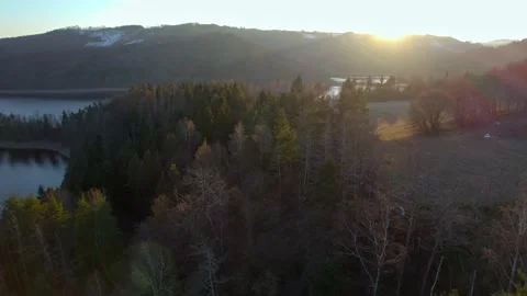 Romantic flight over the landscape of coniferous hills in the mountains Stockbeeldmateriaal 170545895