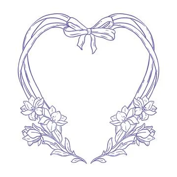 Romantic floral frame, vector hand drawn wedding border, doodle ribbon bow Stock Illustration