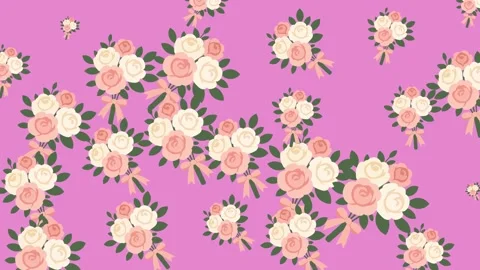 Romantic Floral Pattern with Rose Bouquets and Ribbons on Pink Background Stock Footage 345539971