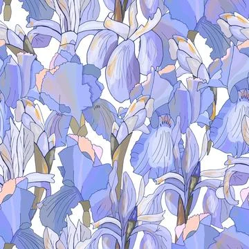 Romantic floral seamless pattern with violet irises. Stock Illustration